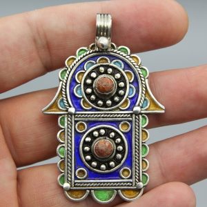 Berber Tuareg Hamsa Pendant Necklace with Blue Enamel Silver Design