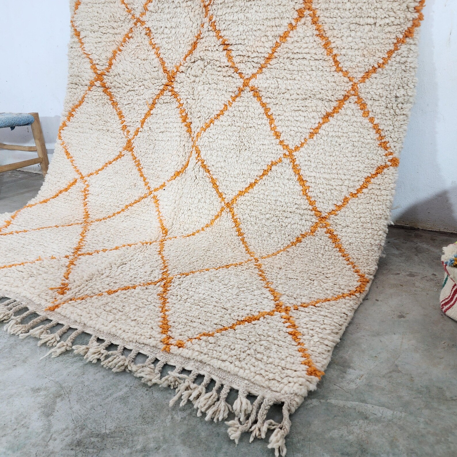 Berber Care Handmade White Wool Rug with Orange Design