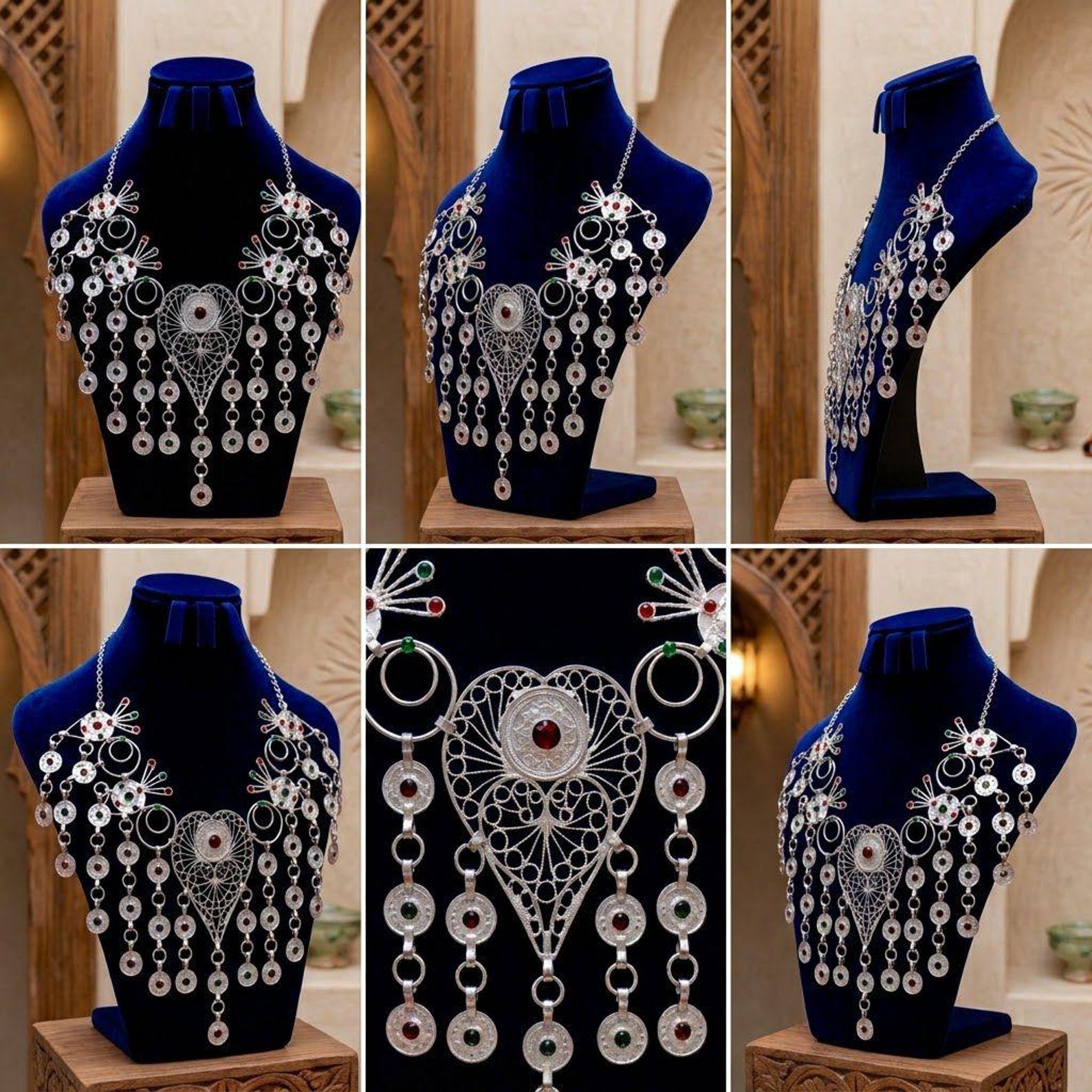 Amazigh Berber Silver Plated Statement Necklace with Tribal Design