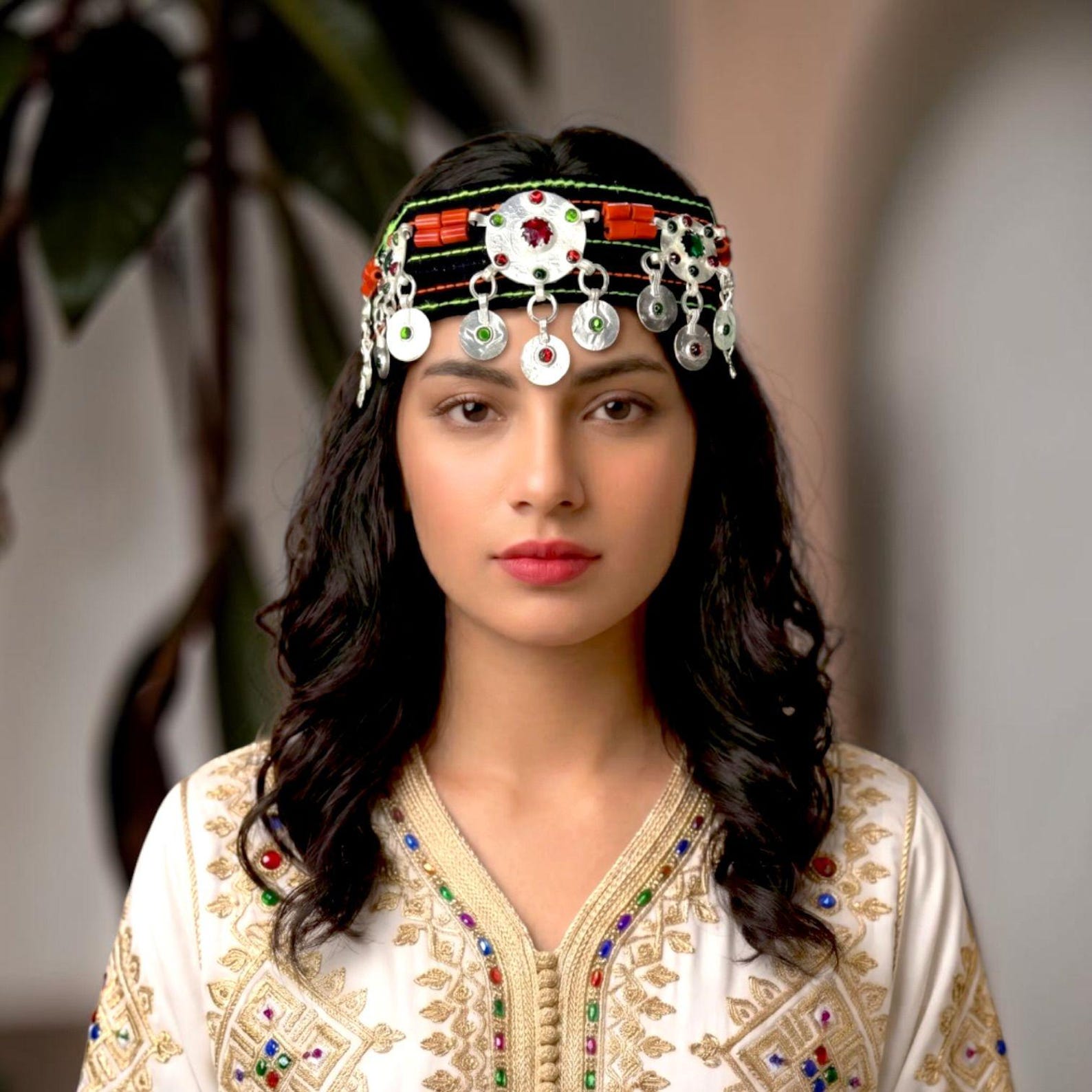 Amazigh Berber Silver Plated Headband with Dangle Jewelry Details