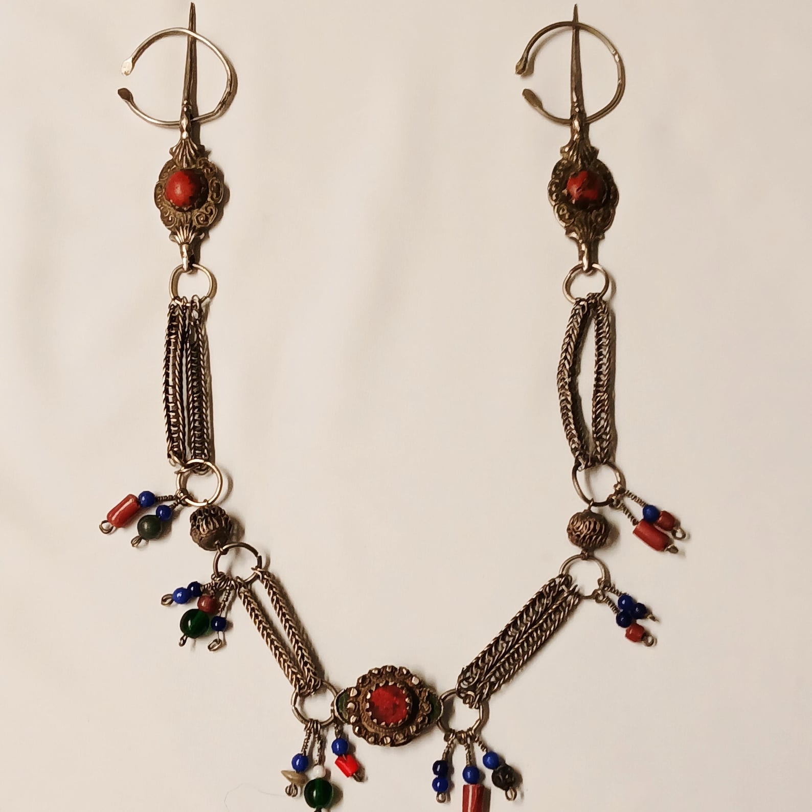 Antique Berber Tizerzai Silver Fibula with Coral Detail Jewelry
