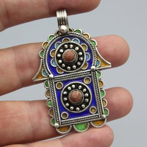 Berber Tuareg Hamsa Pendant Necklace with Blue Enamel Silver Design