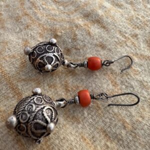 Berber Silver Earrings with Natural Coral Bead Pendants