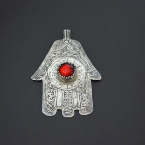 Berber Large Hamsa Necklace with Red Glass Silver Amulet Pendant
