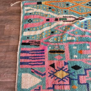 Berber Beni Ourain Hand Knotted Colorful Turquoise Wool Rug