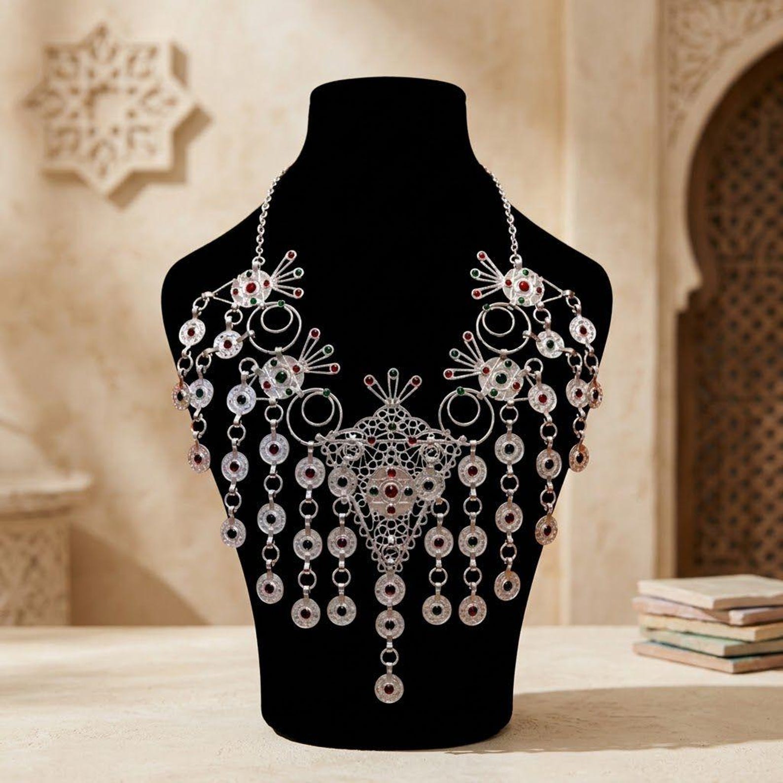 Amazigh Berber Silver Plated Statement Necklace with Tribal Design