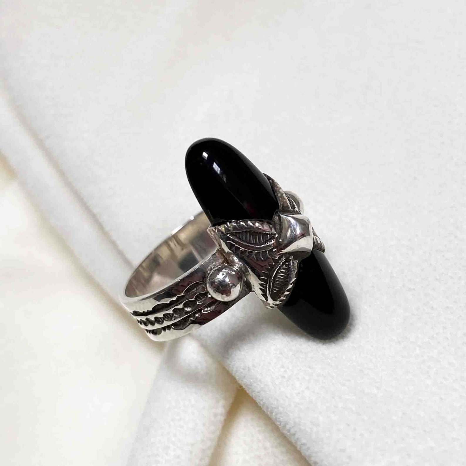 Berber Tuareg Silver Onyx Ring with Engraved Design