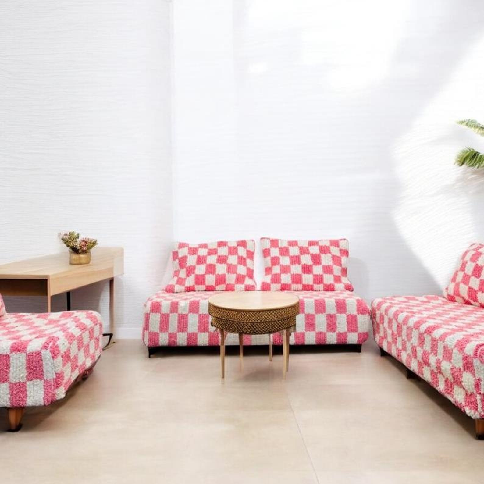 Berber Pink Orange Checkerboard Floor Sofa Pouf Seating