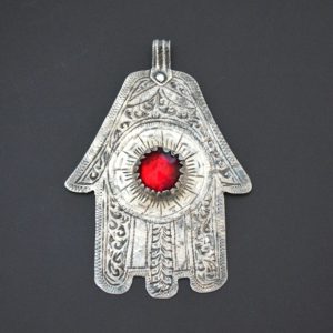 Berber Large Hamsa Necklace with Red Glass Silver Amulet Pendant