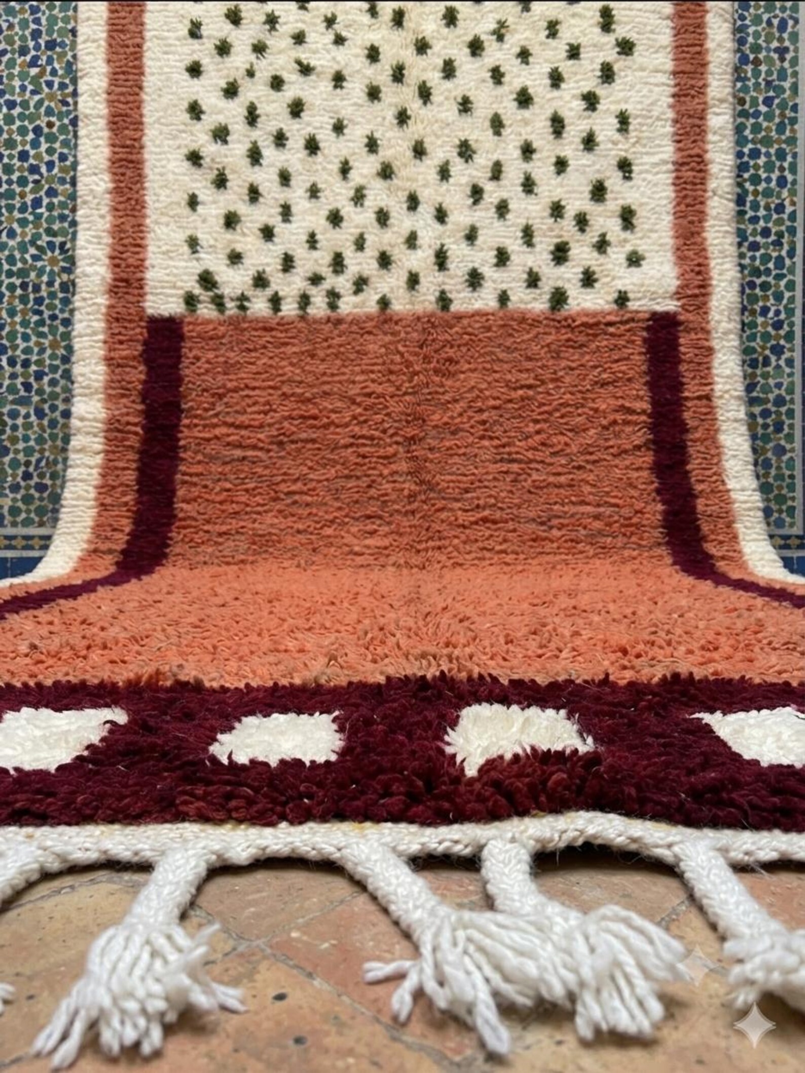 Terracotta Berber Wool Rug with Olive Green Cream Abstract Design