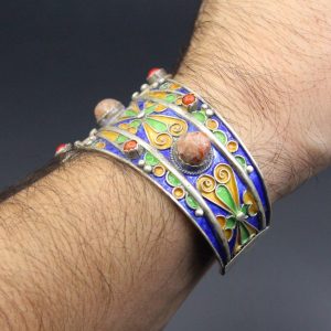 Berber Tuareg Sterling Coral Enamel Cuff Bracelet Jewelry