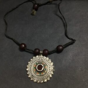 Berber Antique Silver Pendant Necklace with Dark Red Glass Beads