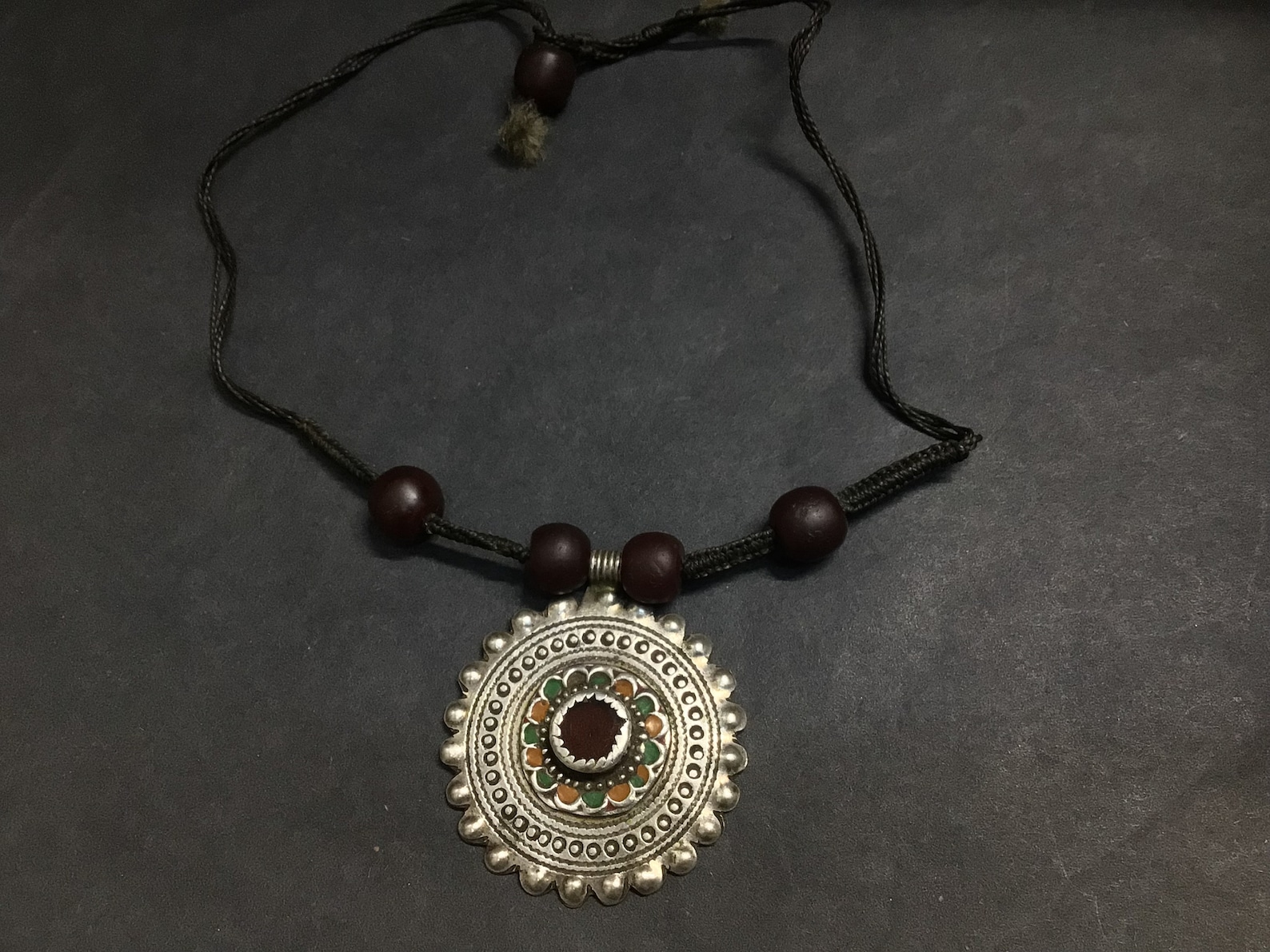 Berber Antique Silver Pendant Necklace with Dark Red Glass Beads