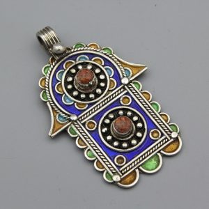 Berber Tuareg Hamsa Pendant Necklace with Blue Enamel Silver Design