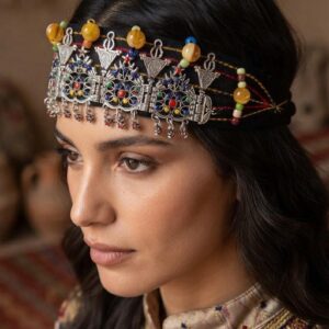 Amazigh Tachdadt Souss Headband with Synthetic Amber Beads Silver Tone Headpiece