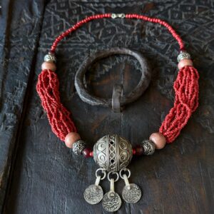 Berber Amazigh Tagmout Necklace with Coral Beads and Silver Pendant