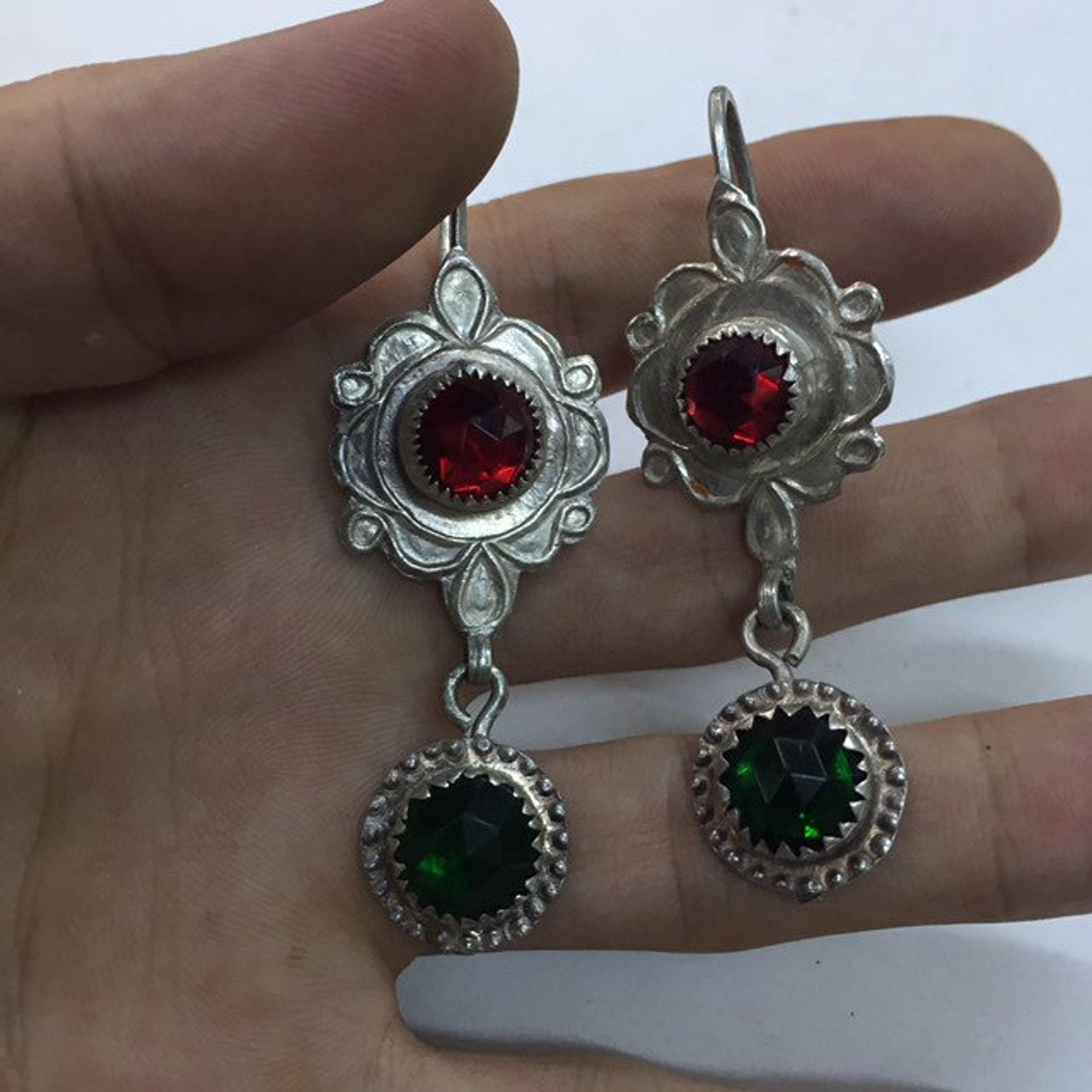 Antique Berber Silver Earrings with Glass Amazigh Jewelry Design