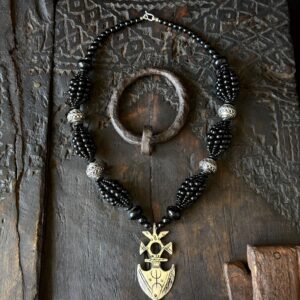 Amazigh Berber Tuareg Yaz Cross Pendant Necklace with Black Beads