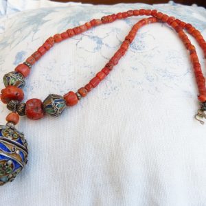 Berber Antique TAGUEMOUT Enamel Perfume Pendant Coral Necklace