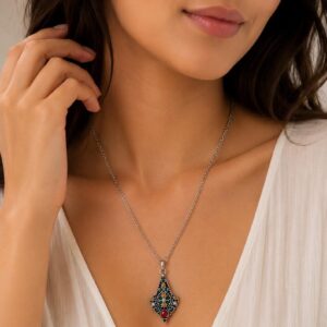Kabyle Amazigh Teardrop Pendant Necklace Silver Tone Boho Jewelry