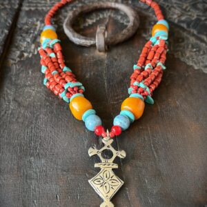 Berber Amazigh Tuareg Cross Pendant Necklace Coral Turquoise