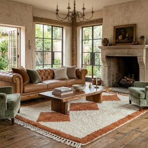 Handwoven Berber Beni Ourain Wool Rug Terracotta Diamond Area Rug