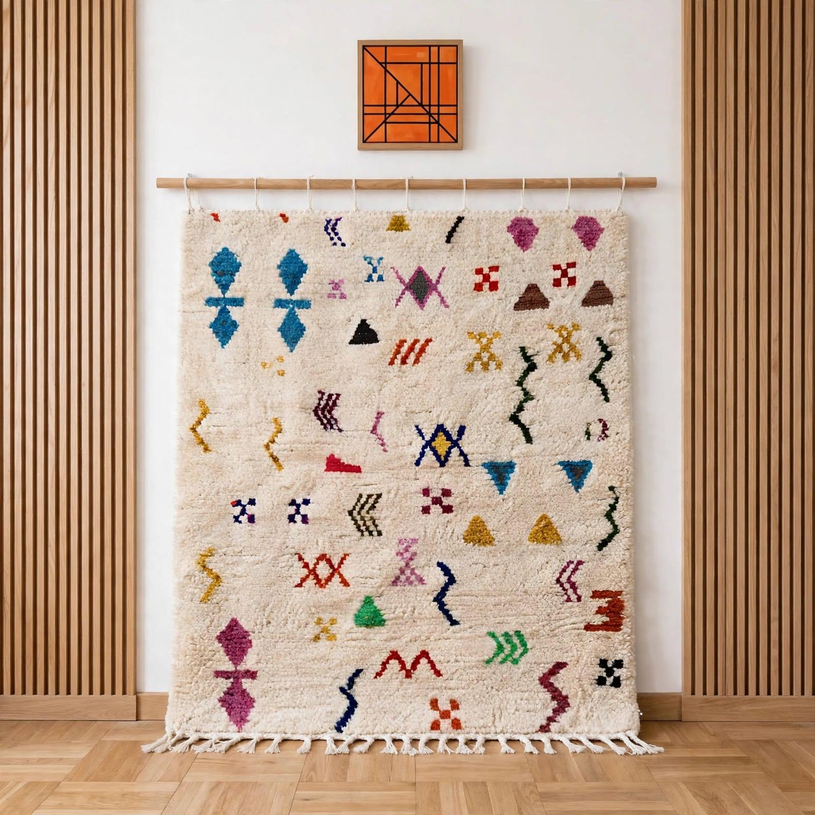 Berber Amazighs Azilal Rug with Symboles Dispersés Fond Cream Design