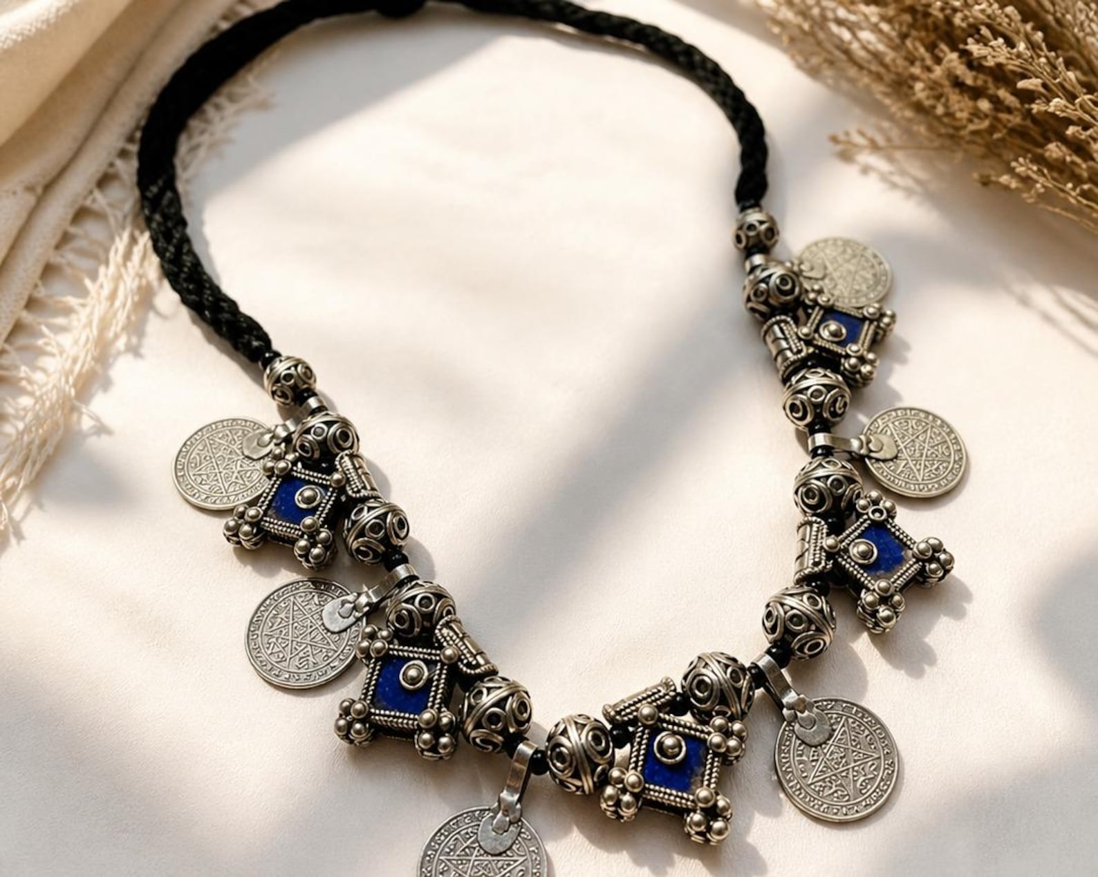 Vintage Amazigh Berber Enameled Cross Pendant Coin Charm Necklace