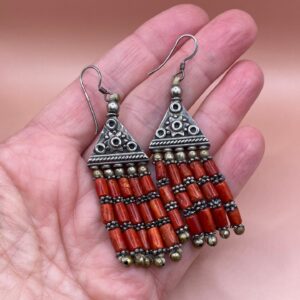 Berber Coral Drop Earrings with Silver Tribal Beaded Design