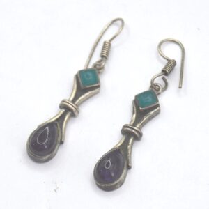 Berber Amazigh Vintage Silver Tone Drop Earrings with Green Purple Stones
