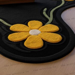 Berber Abstract Handmade Floral Wool Rug Black Yellow Daisy Carpet