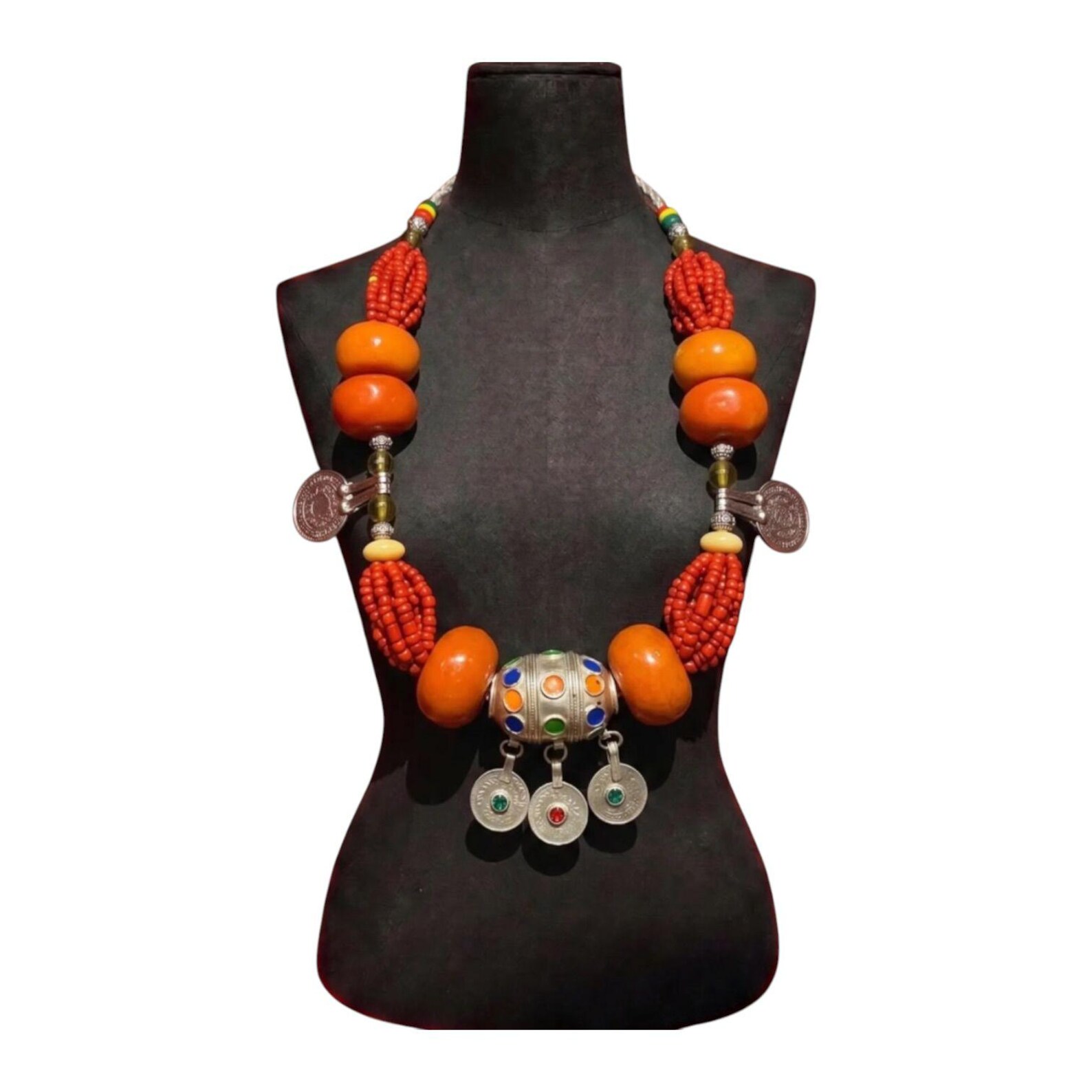 Amazigh Berber Handmade Beaded Statement Necklace with Colorful Charms