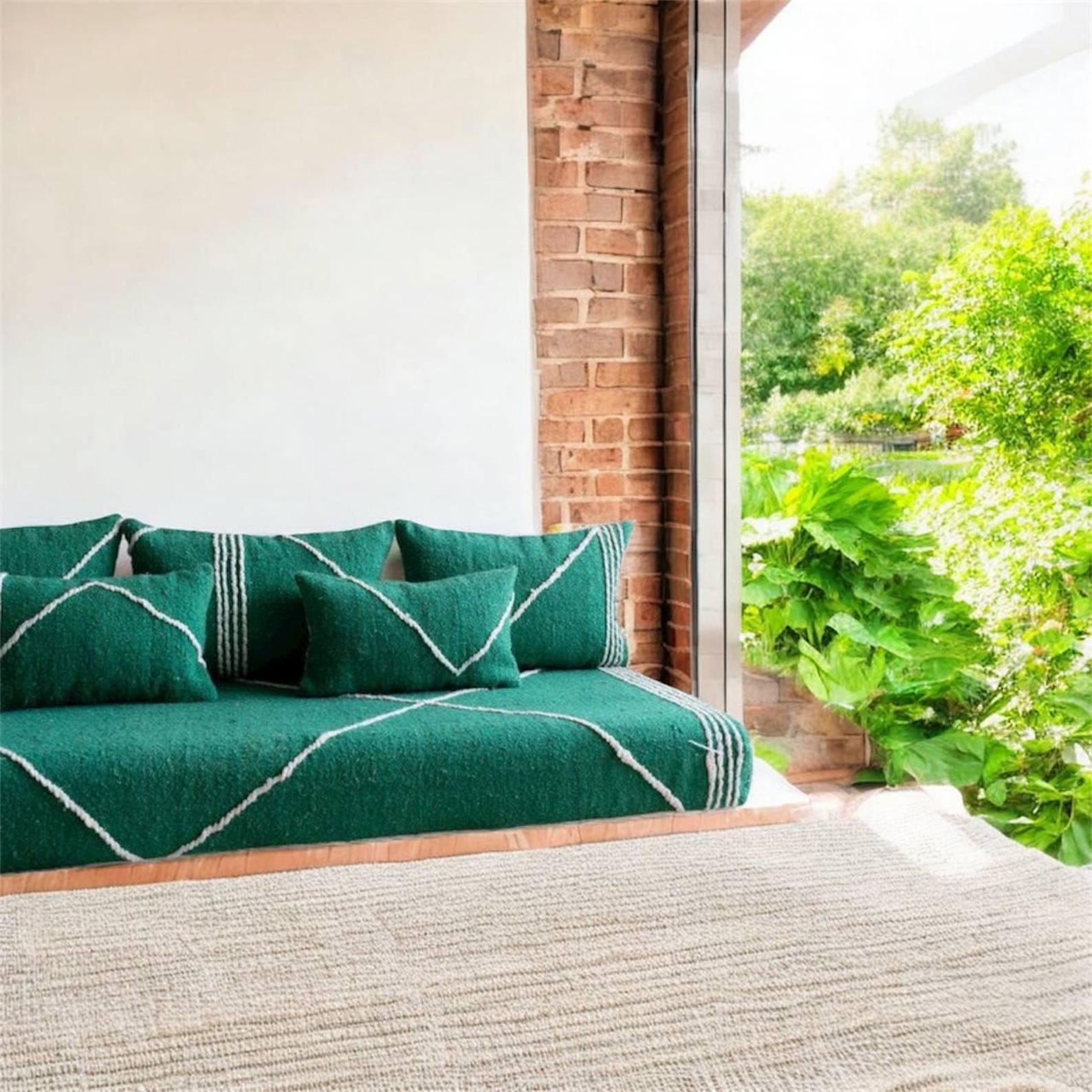 Berber Handmade Green Wool White Stripe Majlis Floor Sofa Pillow