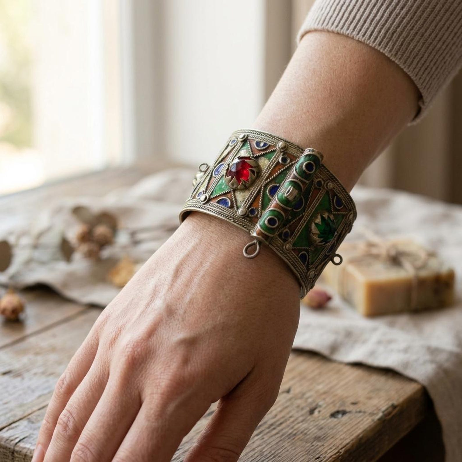 Berber Amazigh Enamel Cuff Bracelet with Red Cabochon Accents Pin Closure
