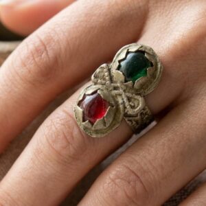 Amazigh Berber Silver Ring with Green Red Cabochon Stones