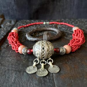 Berber Amazigh Tagmout Necklace with Coral Beads and Silver Pendant