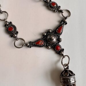 Kabyle Berber Amazigh Silver Pendant Necklace with Coral Inlay