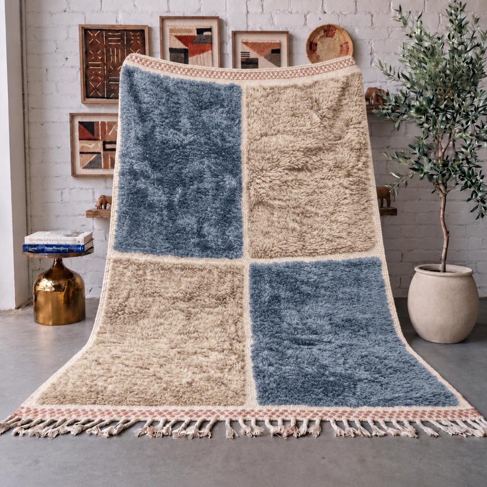 Berber Handmade Shag Four-Block Wool Rug Custom Size