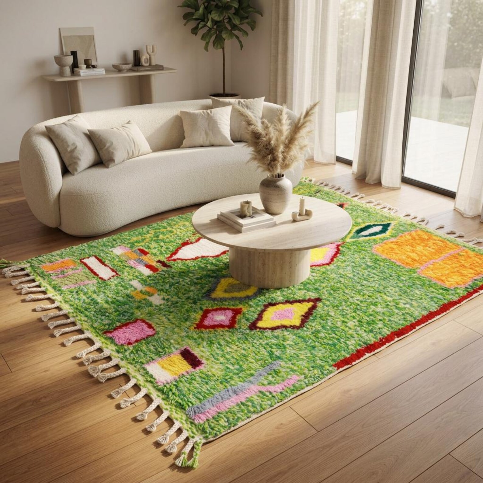 Colorful Amazigh Berber Green Wool Rug With Abstract Geometric Design