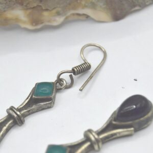 Berber Amazigh Vintage Silver Tone Drop Earrings with Green Purple Stones
