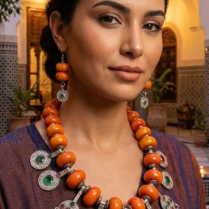 Amazigh Orange Beaded Berber Necklace with Tiznit Pendants
