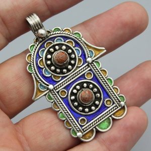 Berber Tuareg Hamsa Pendant Necklace with Blue Enamel Silver Design
