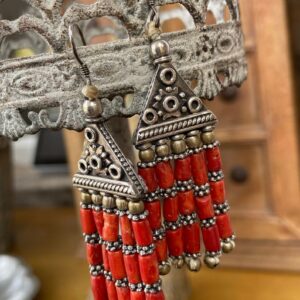 Berber Coral Drop Earrings with Silver Tribal Beaded Design
