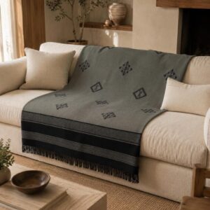 Amazigh Sage Gray Handwoven Cotton Blanket Bedspread Custom Size