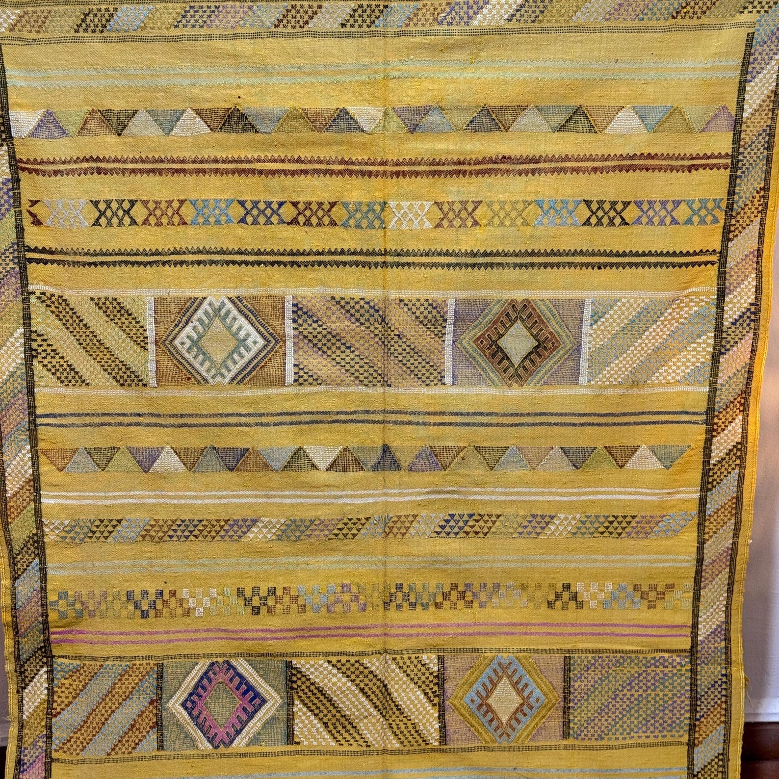 Amazigh Berber Yellow Sabra Kilim Rug with Diamond Motifs