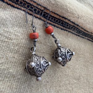Berber Silver Earrings with Natural Coral Bead Pendants