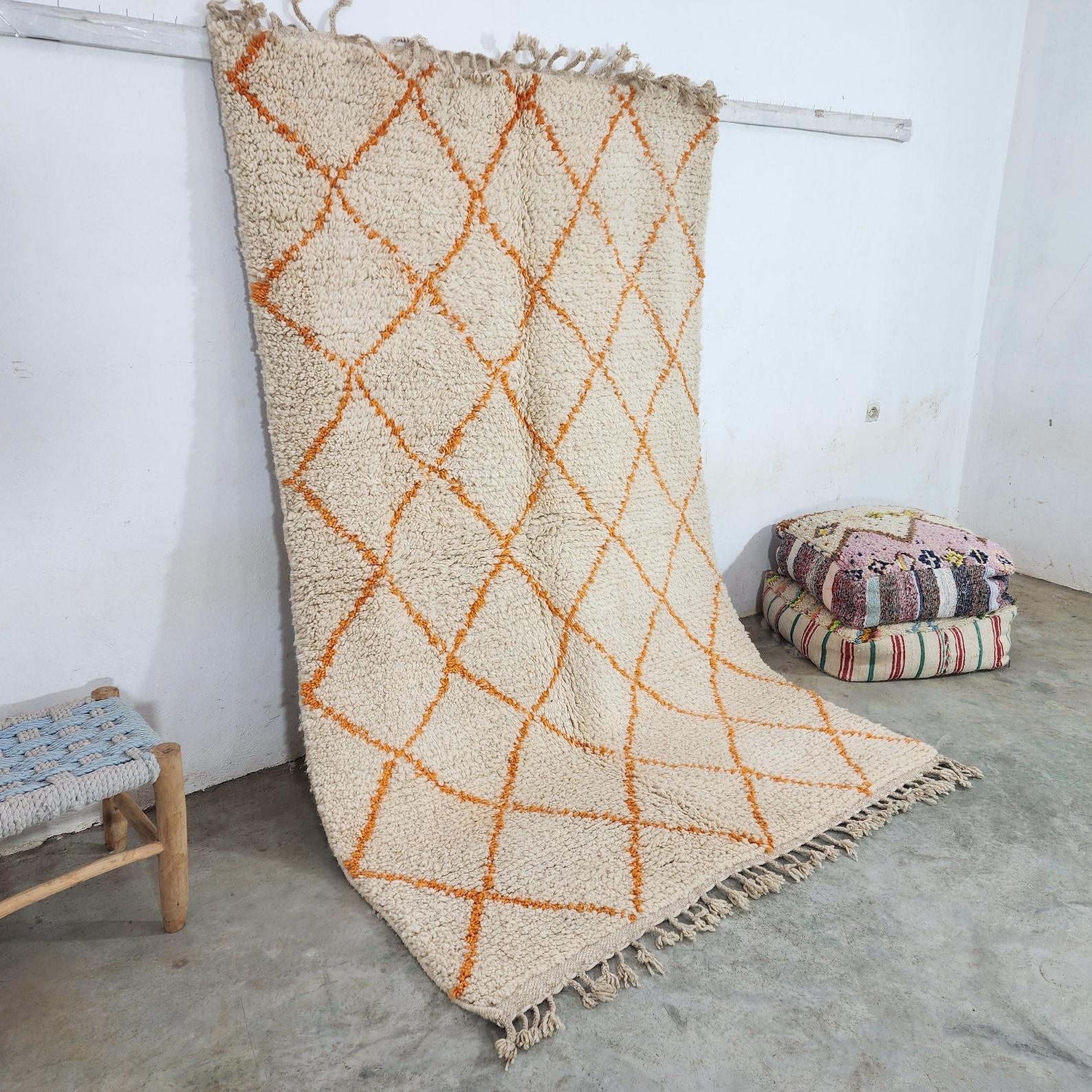 Berber Care Handmade White Wool Rug with Orange Design