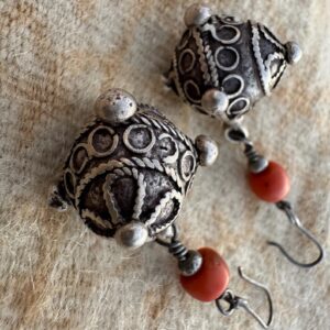 Berber Silver Earrings with Natural Coral Bead Pendants