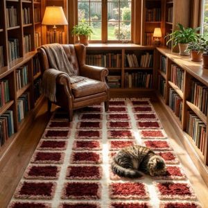 Berber Handmade Ivory Wool Runner Rug with Dark Red Square Pattern