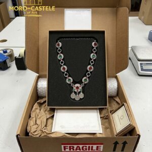Amazigh Berber Red Green Stone Statement Necklace with Silver Tone Medallions